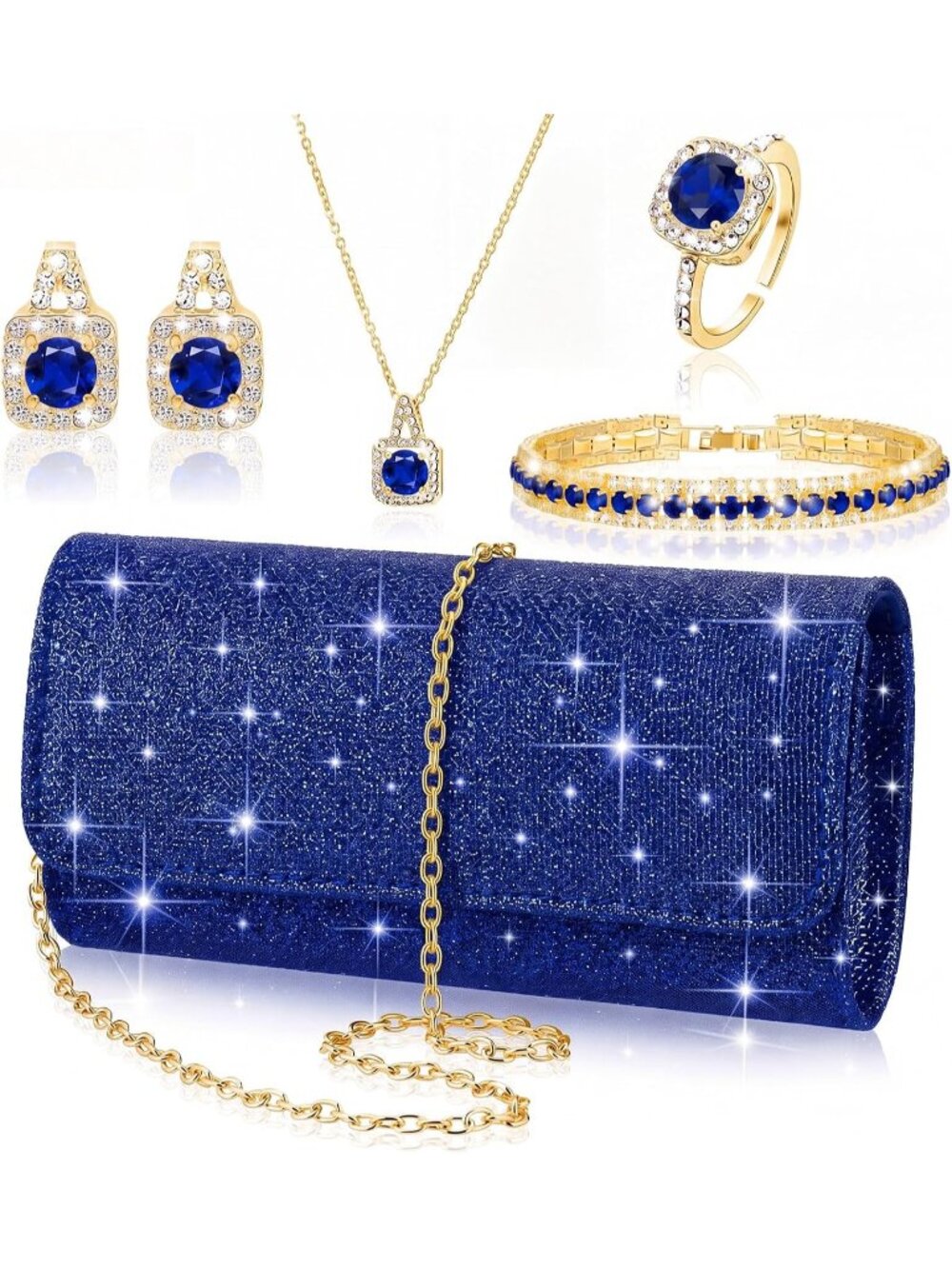 〽️Women Blue 5pc Rhinestone Jewelry Set Crystal Bride Wedding Prom Clutch Purse